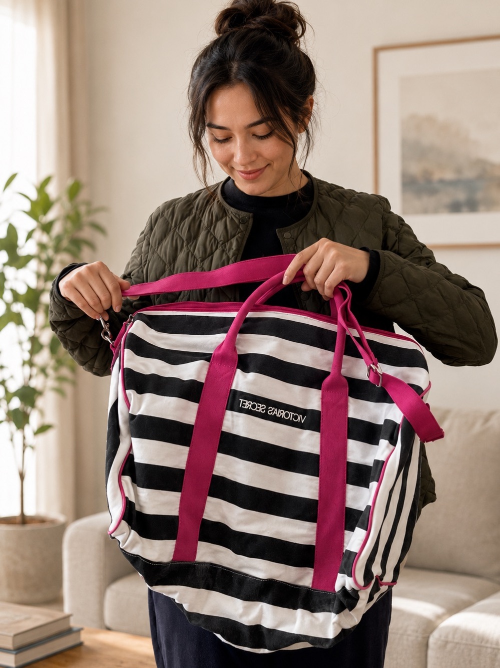 Victoria's Secret Black and White Striped Travel Bag with Pink Trim - Picture 2 of 5